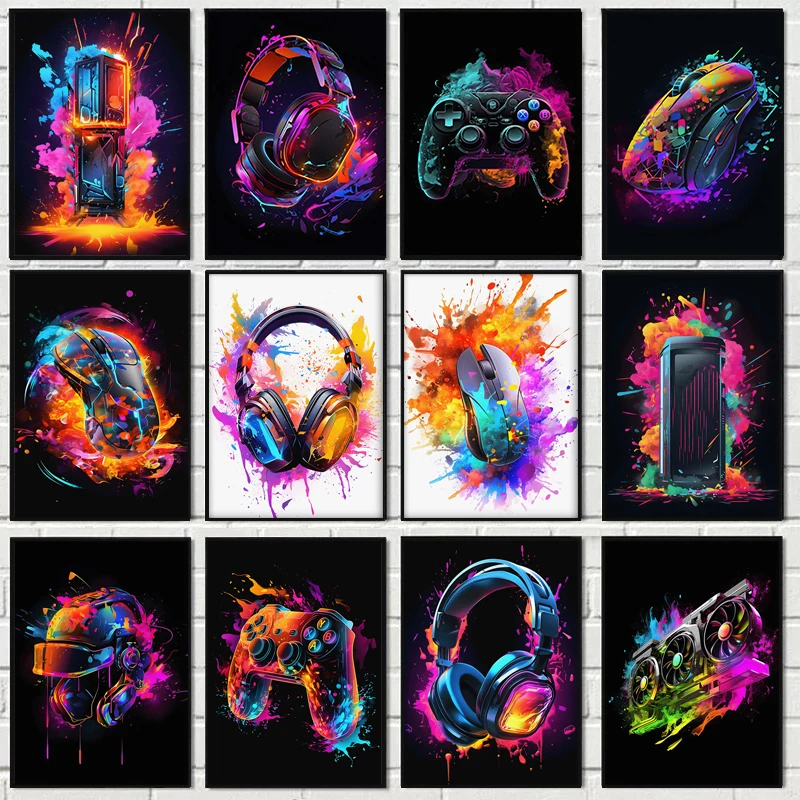 Resin Art Video - Pop-Art Videospiel-Charakter Poster Gamepad Kopfhörer Abstrakte